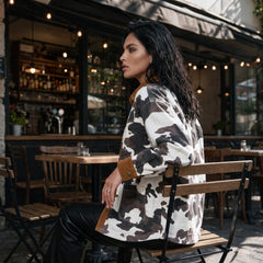 Veste longue en jean multicolore imprimé vache à col en velours côtelé
