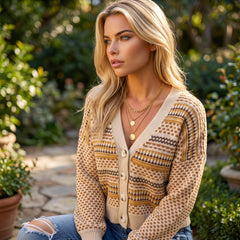 Cardigan short khaki buttoned in V -collar