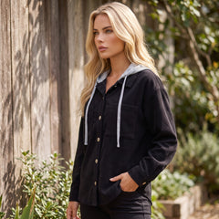 Black ribbed velvet jacket with hooded and pockets with tightening cord