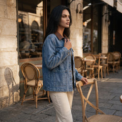 Veste en jean bleu ciel à col en simili cuir et poches
