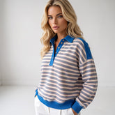 Blue striped high button and v * collar