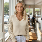 Jet Stream Solid V Neck Pointelle Knit Sleeve Patchwork Sweater