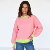 Pink bubble sleeve color block sweatshirt