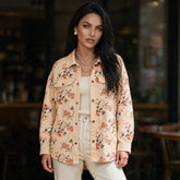 Veste longue en jean beige fleurie en coton à coupe ample