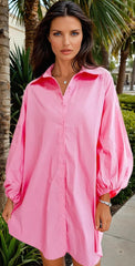 Mini-robe chemise boutonnée rose vif *