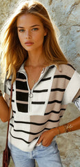 Black sweater vest with color block stripes and zipped collar *