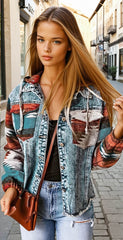 Multicolored denim jacket with aztec print *