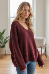 Pull à col V doux et chaud Bordeaux