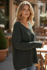 Pull à col V doux et chaud Vert Kaki foncé