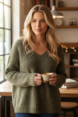 Pull à col V doux et chaud Vert Kaki clair