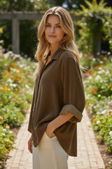 Chemise fluide boutonnée bleue marron