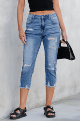 Jean capri skinny bleu ciel délavé à déchirures