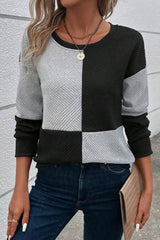 Black Textured Drop Shoulder Color Block Top