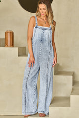 Beau Blue Frayed Wide Leg Denim Overalls, Light Wash, Exposed Seams