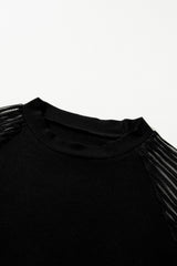 Black ribbed t-shirt with striped and round-colored mesh sleeves
