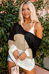 Black Long Sleeve Knit Top with Eyelets and Color Block Twist Back