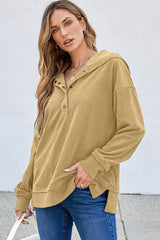 Simply Taupe Solid Ribbed Knit Button Down Drop Shoulder Oversized Hoodie