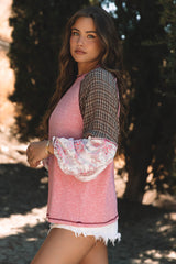 Blouse patchwork en tricot côtelé à manches raglan et imprimé mixte Fushia-A WOMAN WE LOVE