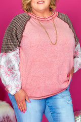 Haut Rose à Carreaux Paisley Patchwork Manches Raglan Coutures Grande Taille