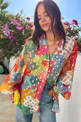 Chemise ample boutonnée à imprimé abstrait color block rouge rose-A WOMAN WE LOVE