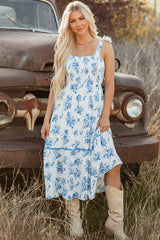 Robe longue sans manches à imprimé floral bleu ciel