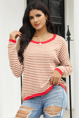 Brown sweater with dropped shoulders and stripes with contrasting edges