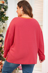 Plus Size Orange Striped Drop Shoulder Long Sleeve Button Down Decorative Top