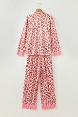 Pyjama rose léopard à finitions à pois, chemise et pantalon