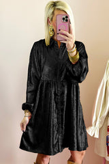 Mini-Robe Black buttoned shirt with puffy sleeves and metallic reflections