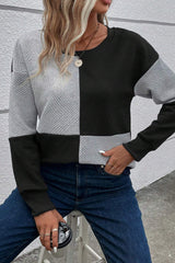 Black Textured Drop Shoulder Color Block Top