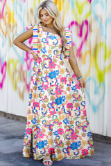 Floral maxi dress with tie straps and red pink striped trim