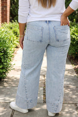 Jean ample bleu ciel grande taille à empiècements et coutures verticales