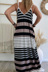 Multicolored long dress with mixed stripes, spaghetti straps, V -neck