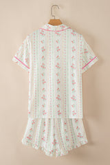 Ensemble de pyjama court beige à imprimé floral et passepoil contrastant