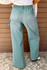 High Waisted Wide Leg Jeans with Drawstring and Smoke Green Mineral Wash