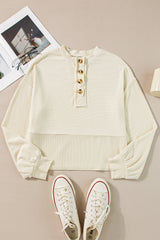 Sweat Henley beige à boutons et manches lanternes texturées