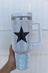 Copa de acero inoxidable portátil con diamantes de imitación en forma de estrella blanca, 40 oz