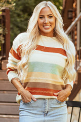 Striped sweater color block with round neck and falling shoulders
