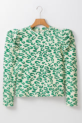 Haut à manches bouffantes et col montant imprimé léopard vert noirâtre