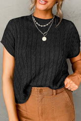 Black sweater with short sleeves and round knitted twisted neck