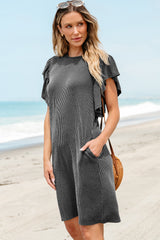 Mini-robe texturée noire à manches flottantes et à volants