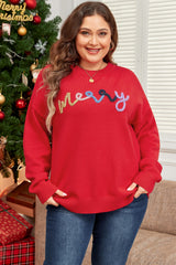 Plus Size Cheerful Pattern Drop Shoulder Sweater with Fiery Red Garlands