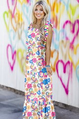 Floral maxi dress with tie straps and red pink striped trim