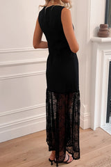 Robe longue noire sans manches à empiècements de dentelle florale