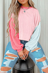 Long sleeve top and drooping shoulders in patch block bead with pink cord
