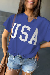 Dark blue loose t-shirt with lettering USA and notched collar