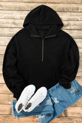Sweat à capuche noir doublé en polaire, demi-zip et poche kangourou