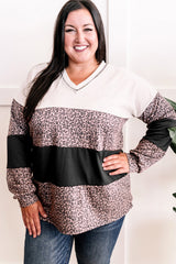 Plus Size Black Leopard Print Color Block Long Sleeve V Neck Top