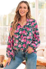 Blusa verde con mangas hinchadas y collar atado con estampado floral *