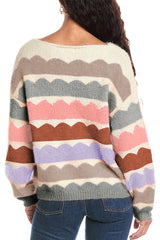 Gray sweater with wavy stripes, balloon sleeves, drooping shoulders